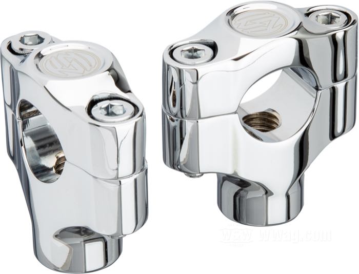 Riser von Roland Sands Design; Billet-Aluminium, verchromt; Gewinde: 1/2”-13; für Lenker-Ø: 1 ”; Maße gemäß Zeichnung: H-Anbauhöhe = 40 mm, T-Gesamthöhe = 62 mm; Bruttogewicht: 320 g