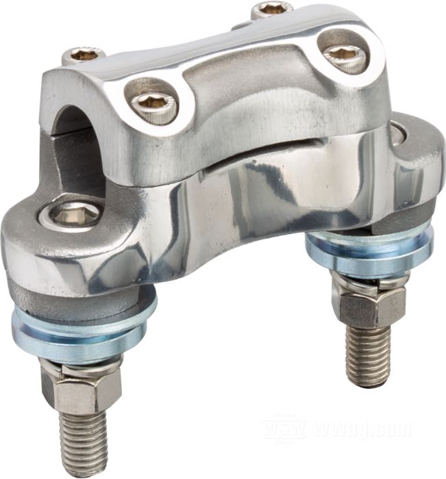 Risers de Fork; pour Sixties Narrow Bars; distance boulons de montage 3-1/2” (89 mm); avec pince pont; alu coulé, poli; filetage: 1/2”-13; pour guidons du Ø: 1 ”; mésures selon croquis: H-hauteur de montage = 37 mm, T-hauteur général = 62 mm, W-largeur = 80 mm; Japon; poids brut: 800 g