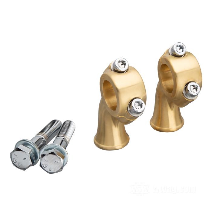 Riser »Deluxe« von Kustom Tech; Messing, satiniert; Gewinde: 1/2”-13; für Lenker-Ø: 1 ”; Maße gemäß Zeichnung: H-Anbauhöhe = 64 mm, T-Gesamthöhe = 92 mm, P-Kröpfung nach hinten = 25 mm, F-Sockel-Ø = 32 mm; mit Riserschrauben; mit Teilegutachten; Italien; Bruttogewicht: 920 g