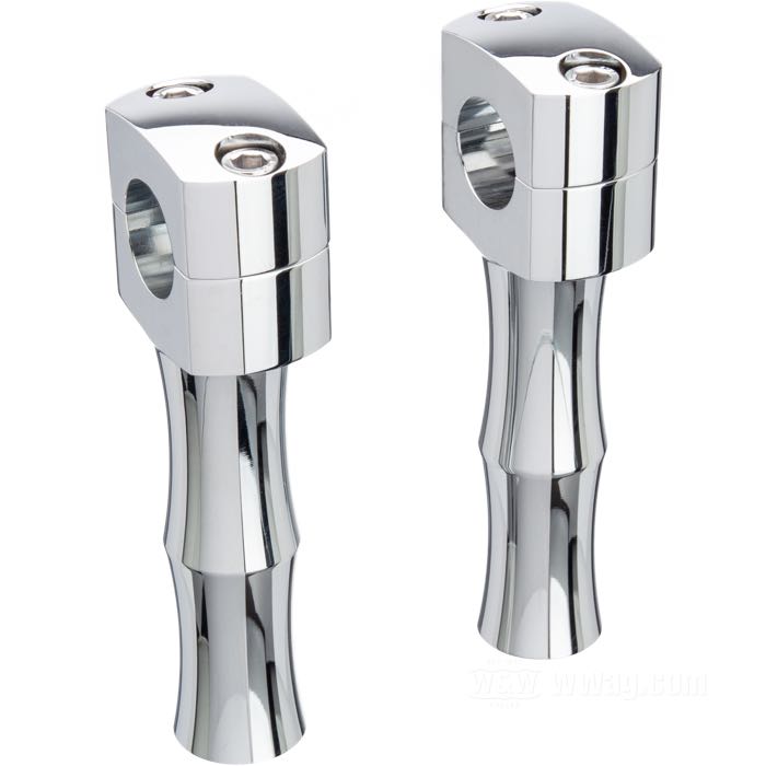 Riser »Custom«; alluminio billet, cromato; filettatura: 1/2”-13; per manubri del Ø: 1 ”; misure conformi a disegno: H-altezza di montaggio=128 mm, T-altezza generale=152 mm; senza marchio omologazione; peso lordo: 694 g