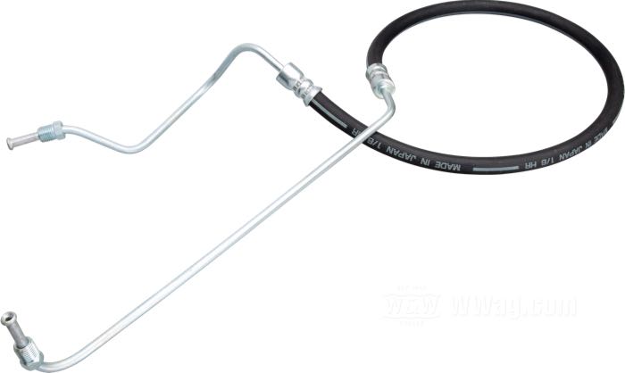 Brake line; fits FX/XL 1974-1977; master cylinder to brake caliper; steel, rubber; length: 110 cm; position: front; connection thread: 3/8” IF; replaces OEM HD 45521-74A, and 45519-77; gross weight: 260 g