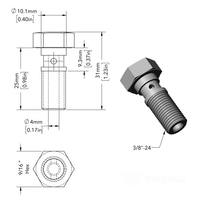 Tornillo hueco de Strange Bird; para Tubo de ventilación; apropiado para Big Twin 1936-1937, 45cui/750cc 1937-1973; acero, CAD (método ZnNi); rosca del racor: 3/8”-24 UNF; reemplaza OEM HD 63578-36; peso bruto: 18 g