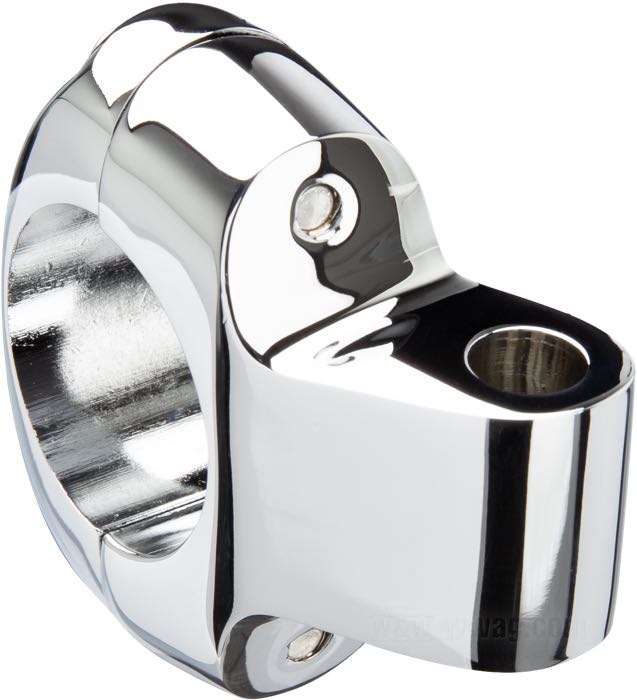 Mounting clamp by Bates; for Rear view mirror; cast aluminum, chrome-plated; width: 18 mm; for handlebar Ø: 1 ”; with socket head screws and slotted filister head screws; gross weight: 120 g