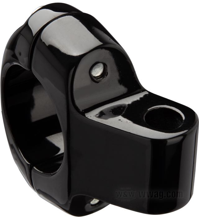 Mounting clamp by Bates; for Rear view mirror; cast aluminum, black; width: 18 mm; for handlebar Ø: 1 ”; with socket head screws and slotted filister head screws; gross weight: 120 g