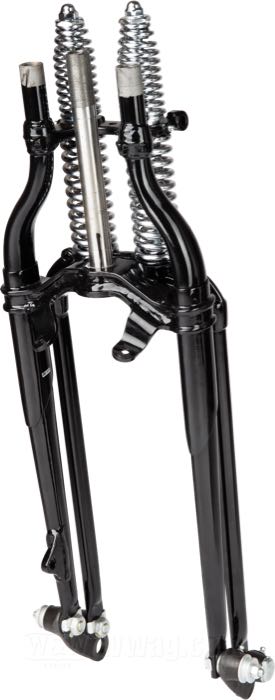Horquilla Springer »Classic Inline« de Samwel Supplies; apropiado para Big Twins; rosca interior de la pipa de dirección: 3/4”-14 UNS; acero, negro, recubierto en epoxy, con resortes cromados; largo: 53.5 cm; sobra/acortamiento: +2 ”; con certificación sobre el material; Europa; peso bruto: 20.58 kg
