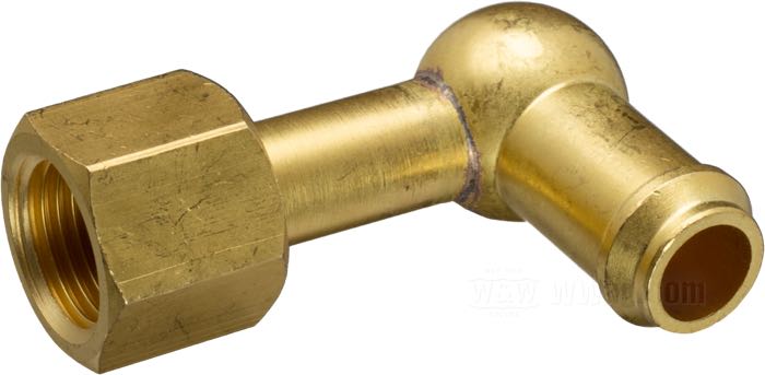 Adapter von Into The Wilderness; für Benzinleitung; für Schwimmernadelventil; passend für Schebler DLX und Linkert Vergaser; Messing, 90°; Anschlussgewinde: 7/16”-27; USA; Bruttogewicht: 28 g