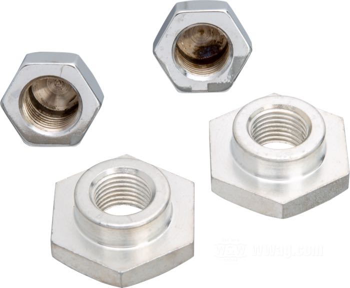Nut kit; for Classic Springer Forks; fits models 1930-1957; lock and spring preload; steel, cad plated preload nut, chromed top nut; thread: 1/2”-20; replaces OEM HD 45647-30, and 45648-36; gross weight: 110 g