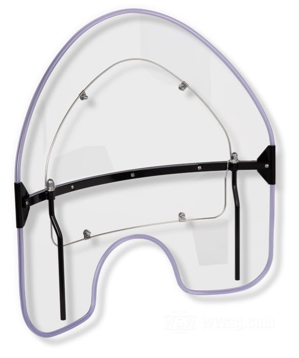 Parabrezza di National Cycle; atto per tutti modelli con forcella I-Beam o Classic Springer 1930-1957; Lexan / acciaio, chiaro, con paraspigoli, lastre inferiori chiare; misure in cm secondo disegno: 43.5 x 55 x 13 (A x B x C); con morsetti da fissare; con omologazione nazionale tedesco; U.S.A.; peso lordo: 3.08 kg