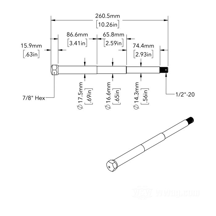 Front axle; for Springer fork; fits Big Twin/WLC/Servi-Car 1936-1957; steel, chrome-plated; length: 260 mm; Ø 17.5 mm; thread: 1/2”-20; replaces OEM HD 43872-36; gross weight: 420 g