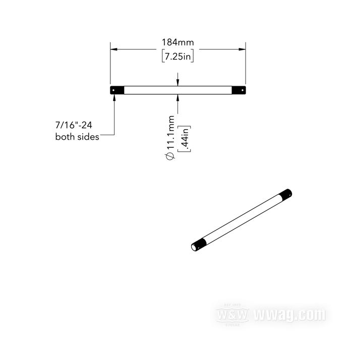 Front axle by Competition Distributing; fits IOE Singles and Twins 1916-1921,  61“ Twins 1922-1923; steel, parkerized; length: 184 mm; Ø 11.1 mm; thread: 7/16”-24; replaces OEM HD 3910-16; USA; gross weight: 134 g