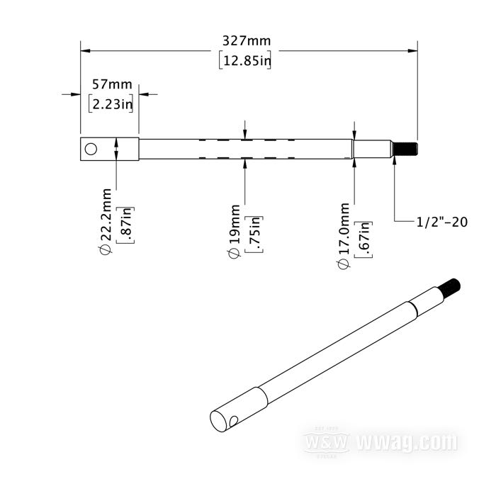 Vorderachse; passend für FL 1981-1984, FLT 1983-1987, FXWG, FXST 1984→; Stahl, verchromt; Länge: 327 mm; Ø 19 mm; Gewinde: 1/2”-20; ersetzt OEM HD 43346-83B; Bruttogewicht: 740 g