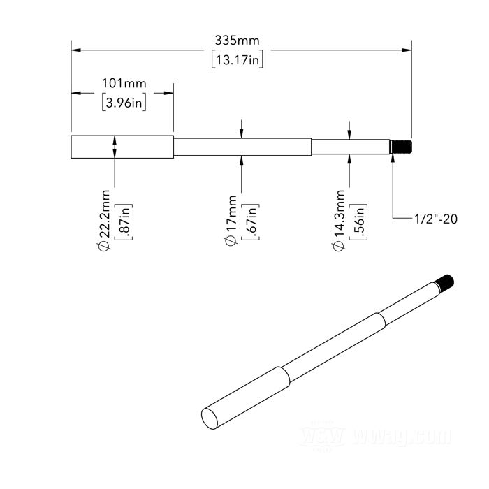 Perno anteriore; atto per FL(H) 1967-1972; ruote Cannonball MAG-12 con forcelle Wide Glide 1949-1971; acciaio, cromato; lunghezza: 335 mm; Ø 17 mm; filettatura: 1/2”-20; rimpiazza OEM HD 43875-67; peso lordo: 670 g
