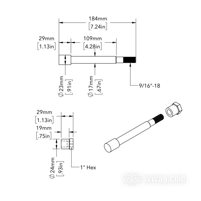 Vorderachse; passend für Sportster 1954-1972, FX 1971-1972; Stahl, verchromt; Länge: 184 mm; Ø 17 mm; Gewinde: 9/16”-18; ersetzt OEM HD 43871-52; Bruttogewicht: 400 g