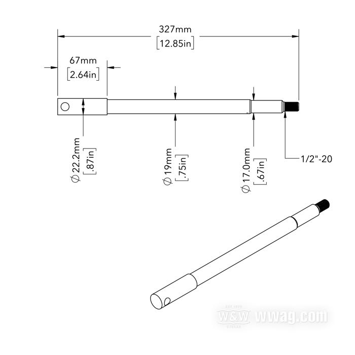 Vorderachse; passend für FL 1973-1980 und FXWG 1980-1983; Stahl, verchromt; Länge: 327 mm; Ø 19 mm; Gewinde: 1/2”-20; ersetzt OEM HD 43875-73; Bruttogewicht: 750 g