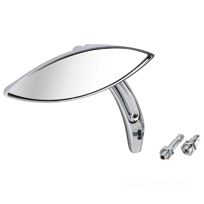 Rear view mirror »3-D Cateye« by Arlen Ness; cast aluminum, chrome-plated; thread: 5/16”-18; position: left; mirror glass dimensions WxH: 9 x 4 cm; stem length: 14.5 cm; with two mounting studs (5/16
