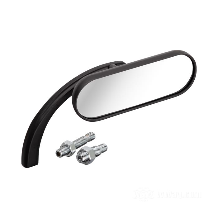 Rear view mirror »Mini Oval« by Arlen Ness; cast aluminum, black, powder-coated; thread: 5/16”-18; position: right; mirror glass dimensions WxH: 11.5 x 4 cm; stem length: 11.5 cm; with two mounting studs (5/16