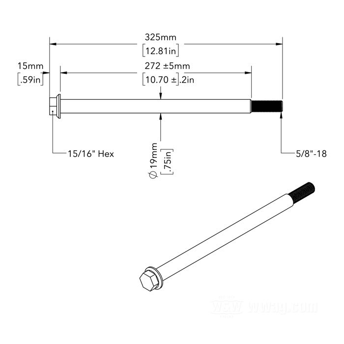 Rear axle; fits FL(H) and FX 1973-1985, FXST 1984-1985; models with rear chain; steel, chrome-plated; length: 325 mm; Ø 3/4”; thread: 5/8”-18; replaces OEM HD 41552-73; gross weight: 760 g
