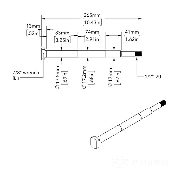 Hinterachse; passend für 750er Solo-Modelle 1941-1952; Stahl, blank; Länge: 265 mm; Ø 11/16”; Gewinde: 1/2”-20; ersetzt OEM HD 41551-41; Bruttogewicht: 470 g