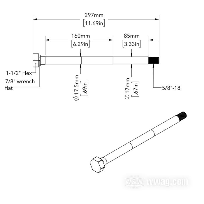 Rear axle; fits FL(H) 1958-1966; steel, chrome-plated; length: 297 mm; Ø 11/16”; thread: 5/8”-18; replaces OEM HD 41552-58A; gross weight: 600 g