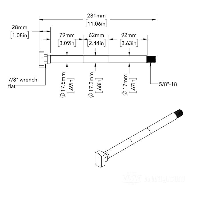 Rear axle; fits OHV 1936, Big Twin 1937-1957; steel, chrome-plated; length: 281 mm; Ø 11/16”; thread: 5/8”-18; replaces OEM HD 41552-36; gross weight: 650 g
