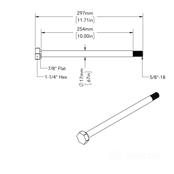 Axe arrière; adaptable à FL(H) 1967-1972 et FX 1971-1972; roues Cannonball MAG-12 avec cadres Big Twin 1936-1972; acier, chromé; longueur: 297 mm; Ø 17 mm; filetage: 5/8”-18; remplace OEM HD 41552-67; poids brut: 600 g