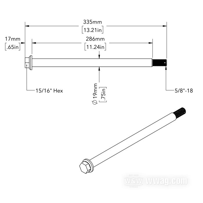 Perno posteriore; atto per FXR 1982→, FLT 1980-1999, FX(S)B 1980-1984, FXWG 1984-1985, Softail 1986-2006; acciaio, cromato; lunghezza: 335 mm; Ø 3/4”; filettatura: 5/8”-18; rimpiazza OEM HD 41580-79, 41110-79 e 41110-79A; peso lordo: 750 g