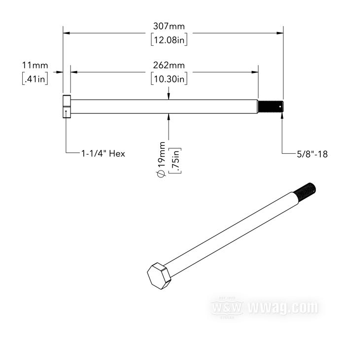 Perno posteriore; atto per Sportster 1979-2003; acciaio, cromato; lunghezza: 307 mm; Ø 3/4”; filettatura: 5/8”-18; rimpiazza OEM HD 41563-77A; peso lordo: 740 g