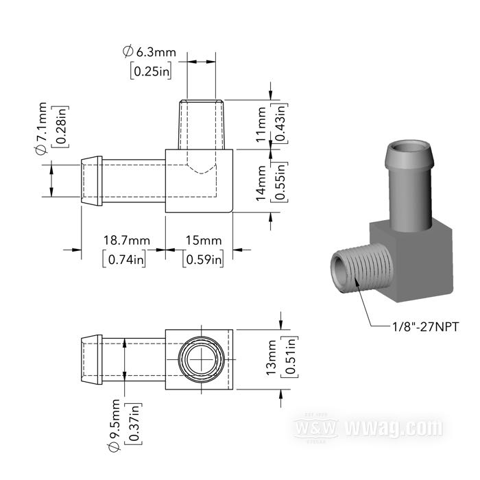 Fitting; for Oil line; for 3/8” ID hoses; brass, chrome-plated, 90°; connection thread: 1/8”-27 NPT; replaces OEM HD 26496-75A; gross weight: 30 g