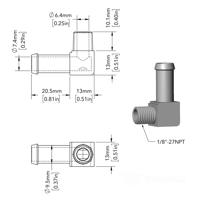 Fitting; for Oil line; for 3/8” ID hoses; brass, 90°; connection thread: 1/8”-27 NPT; replaces OEM HD 26496-75A; gross weight: 20 g
