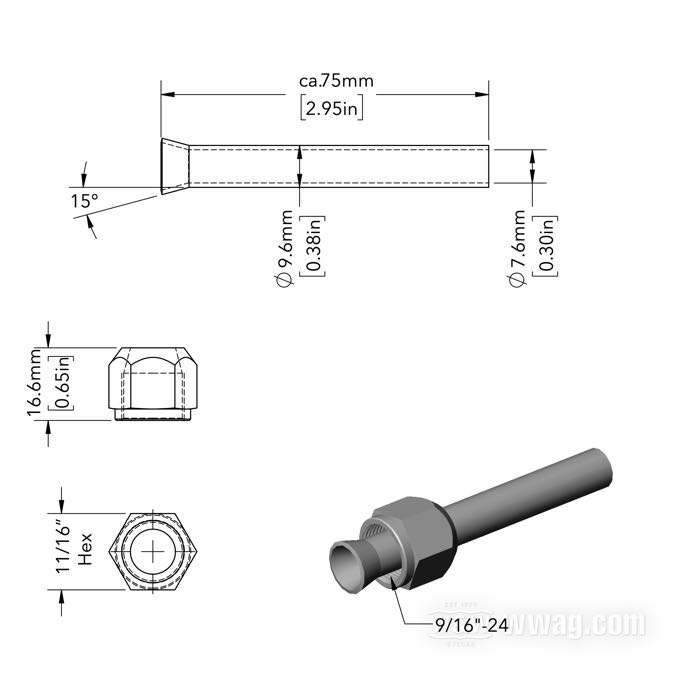 Sleeve nut and pipe; steel, chrome-plated, straight; thread: 9/16”-24; with adaptor fitting; gross weight: 30 g