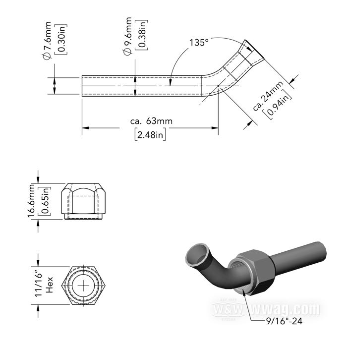 Sleeve nut and pipe; steel, chrome-plated, 45°; thread: 9/16”-24; with adaptor fitting; gross weight: 34 g