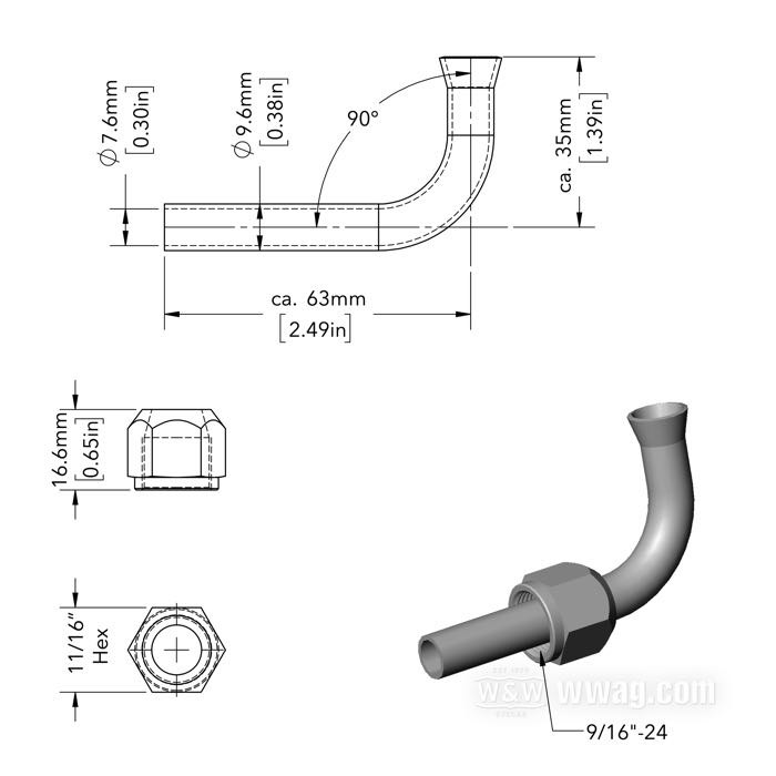 Sleeve nut and pipe; steel, chrome-plated, 90°; thread: 9/16”-24; with adaptor fitting; gross weight: 35 g