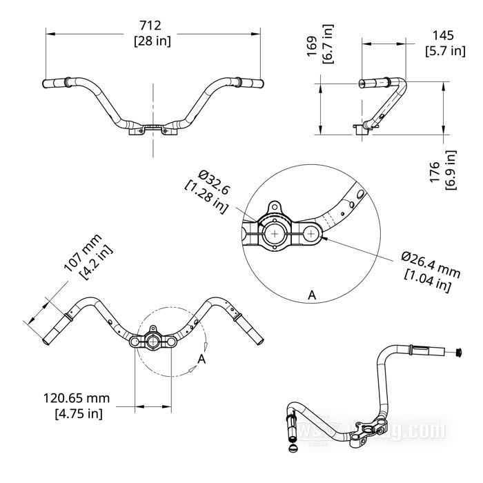 Manubrio »Hillclimb«; per Forcella Springer Inline; atto per Big Twin 1936-1945, 45”/750cc 1941-1957; acciaio, naturale; con tappi a vite; peso lordo: 1.94 kg