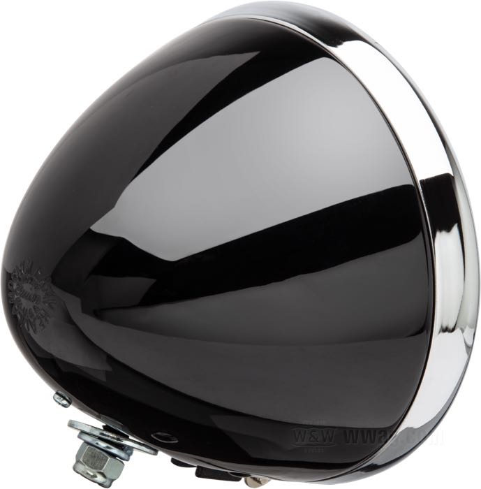 Scheinwerfer komplett; passend für Modelle 1935-1957 mit Springer-Gabel; Stahl, schwarz, lackiert, mit Cycle-Ray Stempelung im Gehäuse und Cycle-Ray Schriftzug und Nummer auf dem Glas; Länge: 135 mm; Ø 178 mm; für Scheinwerfereinsatz (Ø): 6-1/2”; Glühlampen-Typ: Spezial 2-Faden; 6 V; 35/35 W; Sockel: P30D/2517; Prefokus; mit 6 V Glühlampe; mit Lampeneinsatz; ohne Positionslichtfunktion; ersetzt OEM HD 67702-35; Bruttogewicht: 1.27 kg
