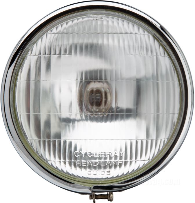 Scheinwerfer komplett; passend für Modelle 1935-1957 mit Springer-Gabel; Stahl, schwarz, lackiert, mit Cycle-Ray Stempelung im Gehäuse und Cycle-Ray Schriftzug und Nummer auf dem Glas; Länge: 135 mm; Ø 178 mm; für Scheinwerfereinsatz (Ø): 6-1/2”; Glühlampen-Typ: Spezial 2-Faden; 6 V; 35/35 W; Sockel: P30D/2517; Prefokus; mit 6 V Glühlampe; mit Lampeneinsatz; ohne Positionslichtfunktion; ersetzt OEM HD 67702-35; Bruttogewicht: 1.27 kg