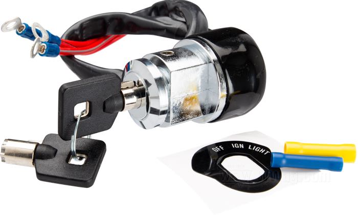 Blocchetto accensione ; atto per Dyna 1990-2005 (ecc. FXDWG), Sportster 1990-2013; con 3 posizioni OFF-ACCENSIONE-ACCENSIONE + LUCE ON; acciaio; con due chiavi; peso lordo: 220 g