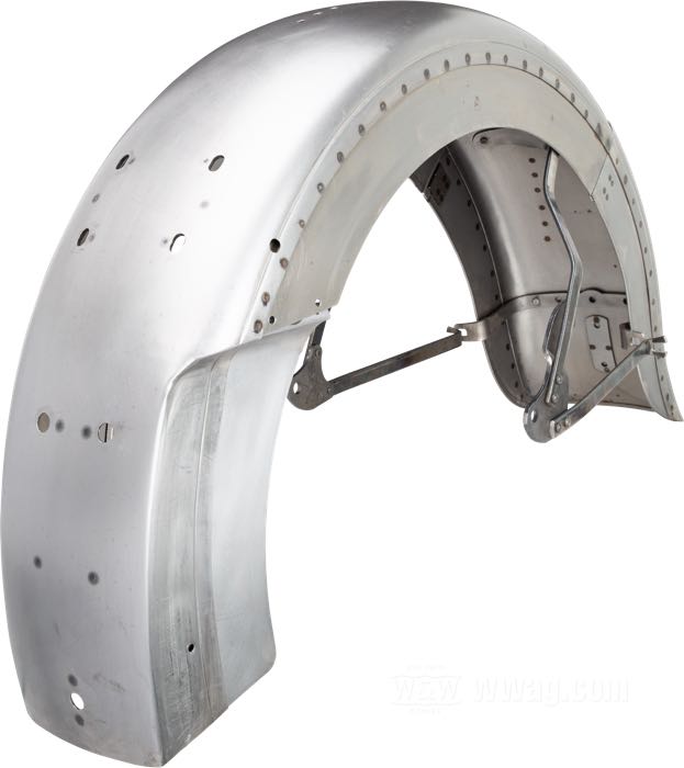 Hinterradschutzblech von The Cyclery; passend für OHV 1936, Big Twins 1937-1938; Stahl, blank, mit schmalen (5/8”) Streben, Schmetterlings-Verstärkung und Air-flo Rücklichtabdeckung; mit Seitenplatte; ersetzt OEM HD 3711-36 und 59637-36; Europa; Bruttogewicht: 5.72 kg