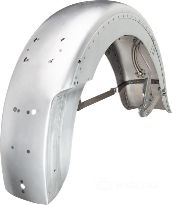 Rear fender by The Cyclery; fits Big Twins late 1946-1948; steel, bare, with wide (7/8”) braces; with side plate; replaces OEM HD 3711-39, and 59604-39; Europe; gross weight: 5.74 kg