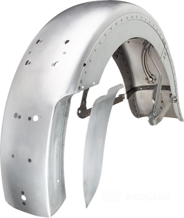 Rear fender by The Cyclery; fits Big Twins late 1946-1948; steel, bare, with wide (7/8”) braces; with side plate; replaces OEM HD 3711-39, and 59604-39; Europe; gross weight: 5.74 kg