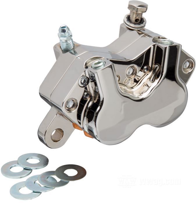 Etrier de frein »125X4SL« de Performance Machine; alu billet, chromé, entre-axe de montage : 89 mm; position: avant; Ø piston hydraulique: 1-1/4” (31.75 mm); liquide de frein obligatoire: DOT 4 ou 5; certifié; poids brut: 810 g