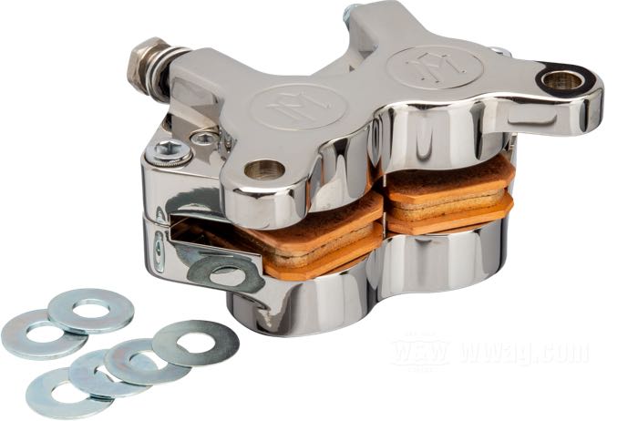 Etrier de frein »125X4SL« de Performance Machine; alu billet, chromé, entre-axe de montage : 89 mm; position: avant; Ø piston hydraulique: 1-1/4” (31.75 mm); liquide de frein obligatoire: DOT 4 ou 5; certifié; poids brut: 810 g