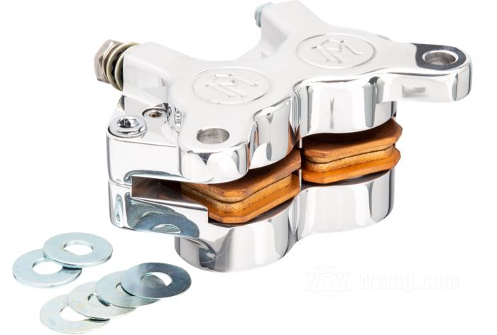 Brake caliper »125X4SL« by Performance Machine; billet aluminum, polished, mounting holes ctr to ctr: 89 mm; position: front; piston Ø: 1-1/4” (31.75 mm); required brake fluid: DOT 4 or 5; with parts certificate; gross weight: 820 g