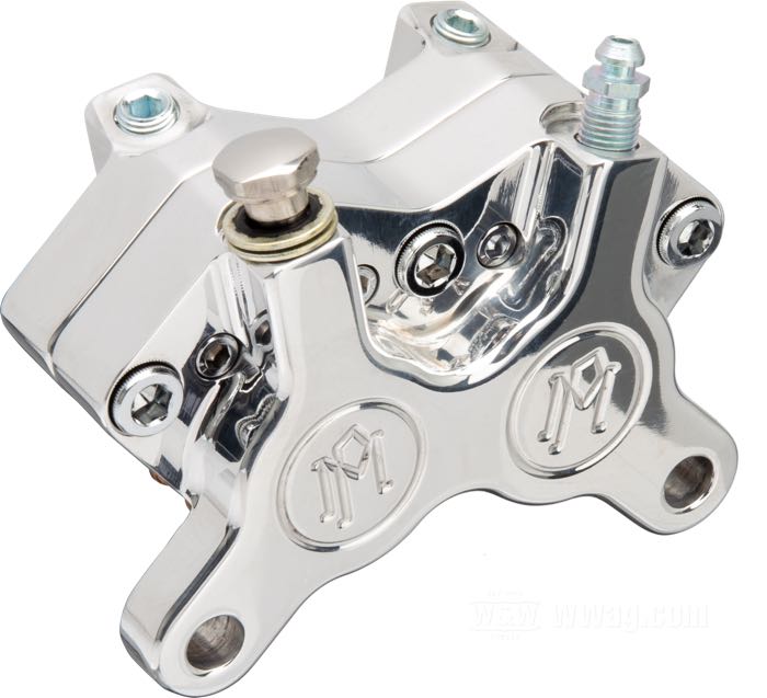 Brake caliper »125X4SL« by Performance Machine; billet aluminum, polished, mounting holes ctr to ctr: 89 mm; position: front; piston Ø: 1-1/4” (31.75 mm); required brake fluid: DOT 4 or 5; with parts certificate; gross weight: 820 g