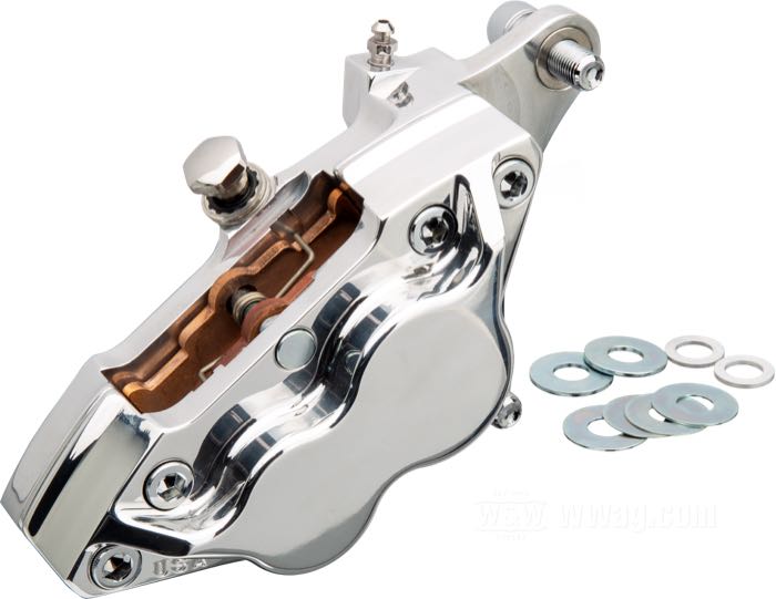 Pinza de freno de Performance Machine; apropiado para Harley-Davidson models 1984-1999 / modelos con horquilla hidráulica 1984-1999 lado izq. y FXSTS 1988-2006 lado der.; aluminio macizo, pulido, distancia de los agujeros de montaje: 87 mm (centro a centro); posición: delantero; posición: izquierdo; Ø pistón hidráulico: 1-1/8” (28.58 mm) + 1-3/8” (34.93 mm); líquido de freno preciso: DOT 4 o 5; para disco: 11.5 ”; certificado; EE. UU.; peso bruto: 1.14 kg