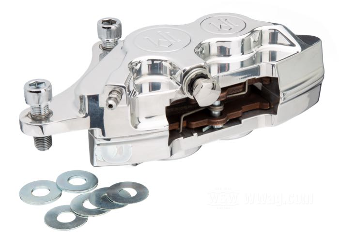 Pinza freno di Performance Machine; atto per Harley-Davidson models 1984-1999 / modelli con forcella idraulica 1984-1999 lato dx e FLSTS 1988-2007 lato sx; alluminio billet, lucidato, distanzia fori di fissaggio 87 mm (centro-centro); Punto installazione: anteriore; Punto installazione: destro; Ø pistone idraulico: 1-1/8” (28.58 mm) + 1-3/8” (34.93 mm); liquido di freno obbligatorio: DOT 4 o 5; per disco: 11.5 ”; certificato; U.S.A.; peso lordo: 1.14 kg