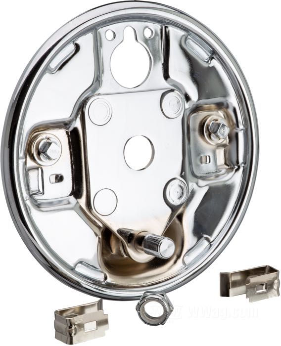 Plâteau base frein; adaptable à Big Twin 1963-1972; arrière; acier, chromé; remplace OEM HD 41650-63; poids brut: 1.63 kg