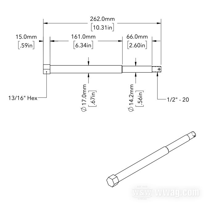 Front axle by Cannonball; for Springer fork; fits Big Twin/WLC/Servi-Car 1937-1957; Cannonball MAG-12 wheels; steel, parkerized; length: 262 mm; Ø 17 mm; thread: 1/2”-20; Germany; gross weight: 428 g