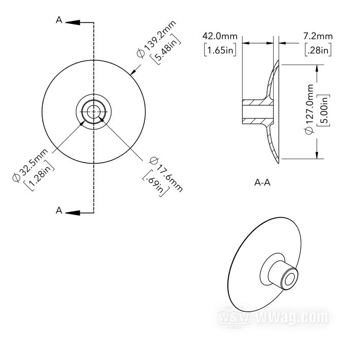 Tapa de buje; apropiado para Knucklehead 1936, Big Twin 1937-1949, WLC, Servi-Car 1941-1958; aluminio fundido, pulido; largo: 42 mm; Ø 5-1/2”; Ø int.: 17 mm; posición: delantero derecho; peso bruto: 305 g