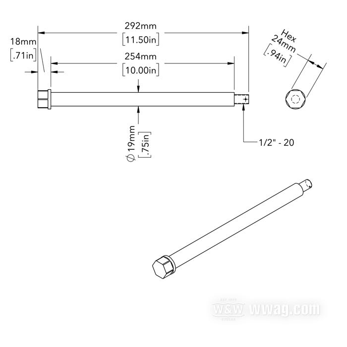 Eje delantero; para horquillas Springer extralargas de +16” y +20” / bujes anchos para modelos con cojinetes de 3/4”/19 mm; acero, cromado; largo: 292 mm; Ø 19 mm; rosca: 1/2”-20; con espaciadores, casquillos y tuerca; peso bruto: 770 g