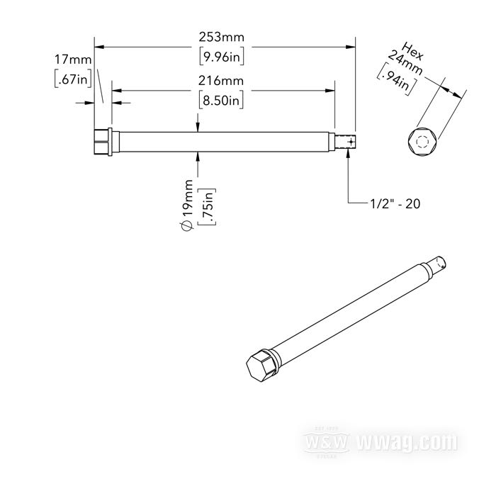 Perno anteriore di Samwel Supplies; per forcelle Springer, ruote Custom; con conversione da tamburo a disco; acciaio, CAD (procedimento ZnNi); lunghezza: 253 mm; Ø 19 mm; filettatura: 1/2”-20; con distanziatori, boccole e dado perno ruota; Europa; peso lordo: 760 g